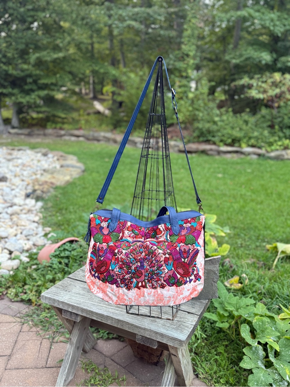 Colorful Embroidered Tote Bag with Blue Straps